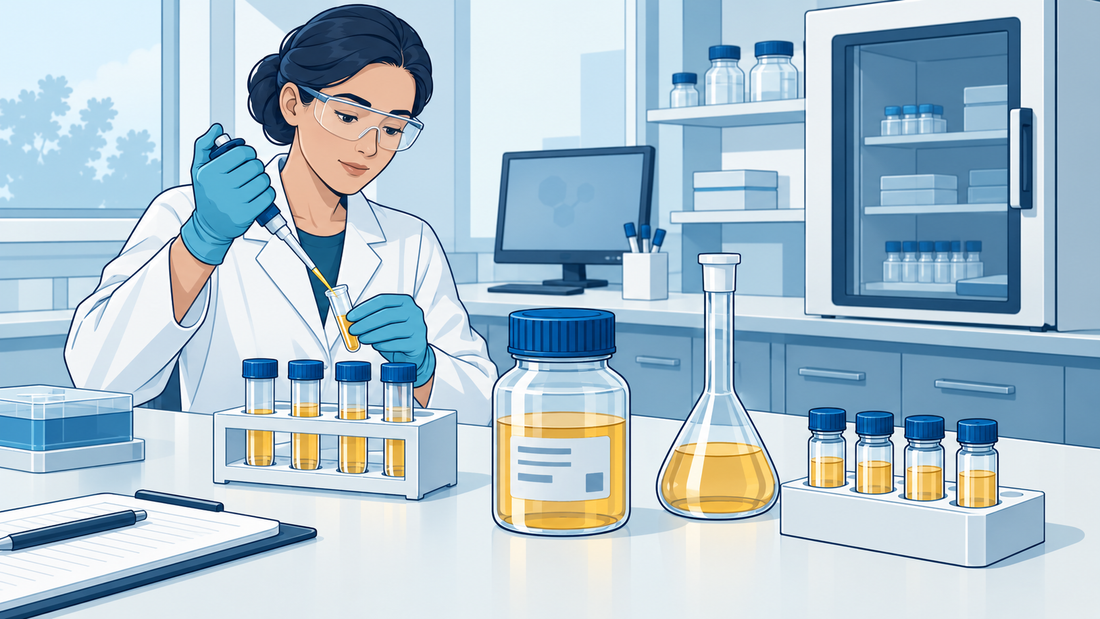 Ausgangsprobengefäß, Aliquotröhrchen, Messkolben und Analysenfläschchen geordnet auf einem Labortisch.