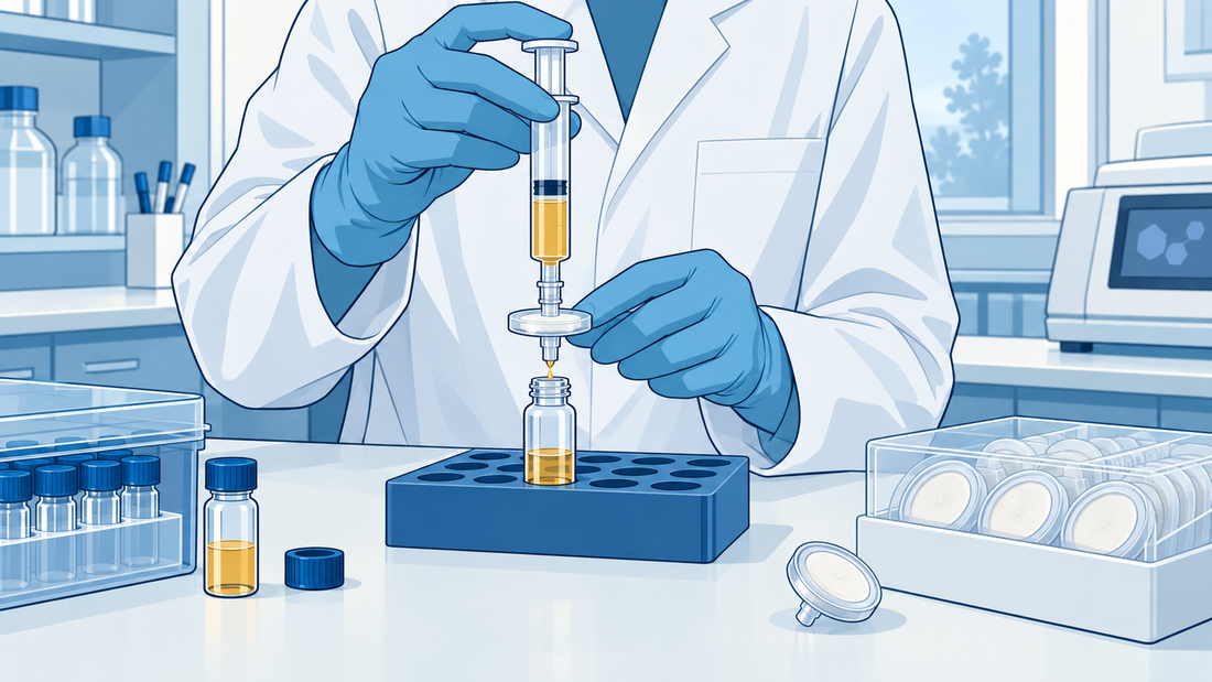 Siringa da laboratorio senza ago, collegata a un filtro a disco tramite raccordo Luer sopra una vial ricevente, su supporto in un banco pulito.
