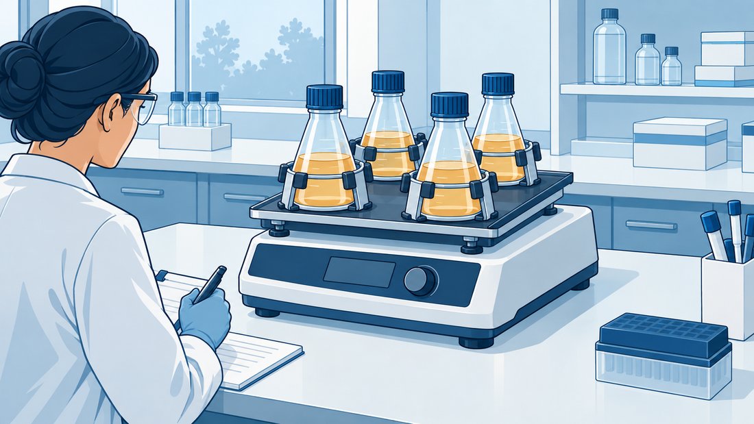 Orbital shaker with four closed flasks arranged symmetrically and secured to the platform with clamps.