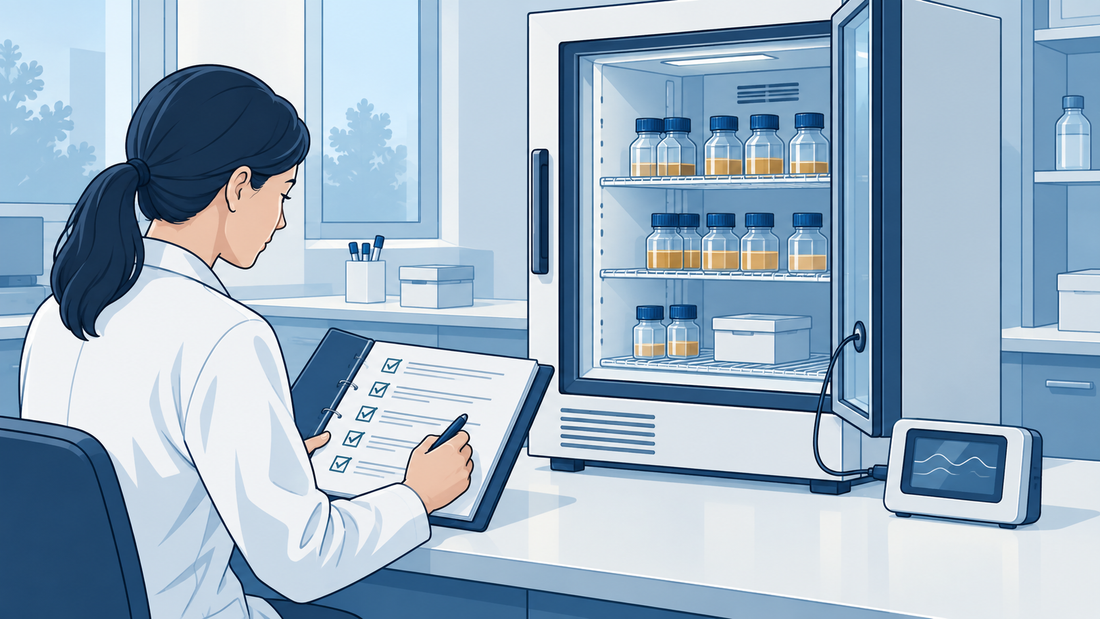 Laboratory refrigerator containing closed bottles, with an external recorder and a requirements folder on a light-coloured bench.