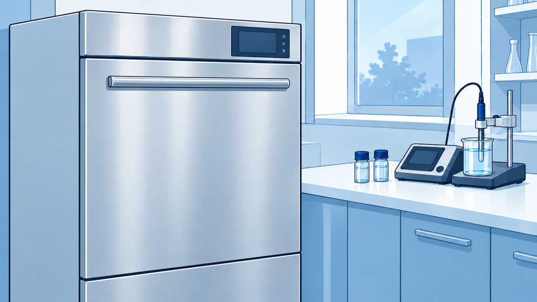 Technische Comicillustration einer geschlossenen Laborglas-Spülmaschine neben Spülproben und einem Leitfähigkeitsmessgerät.