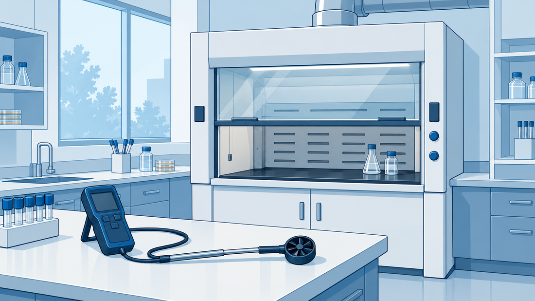 Technische Comicillustration eines angeschlossenen Laborabzugs mit abgesenktem Frontschieber, freier Arbeitsfläche und Anemometer für Leistungsprüfungen.