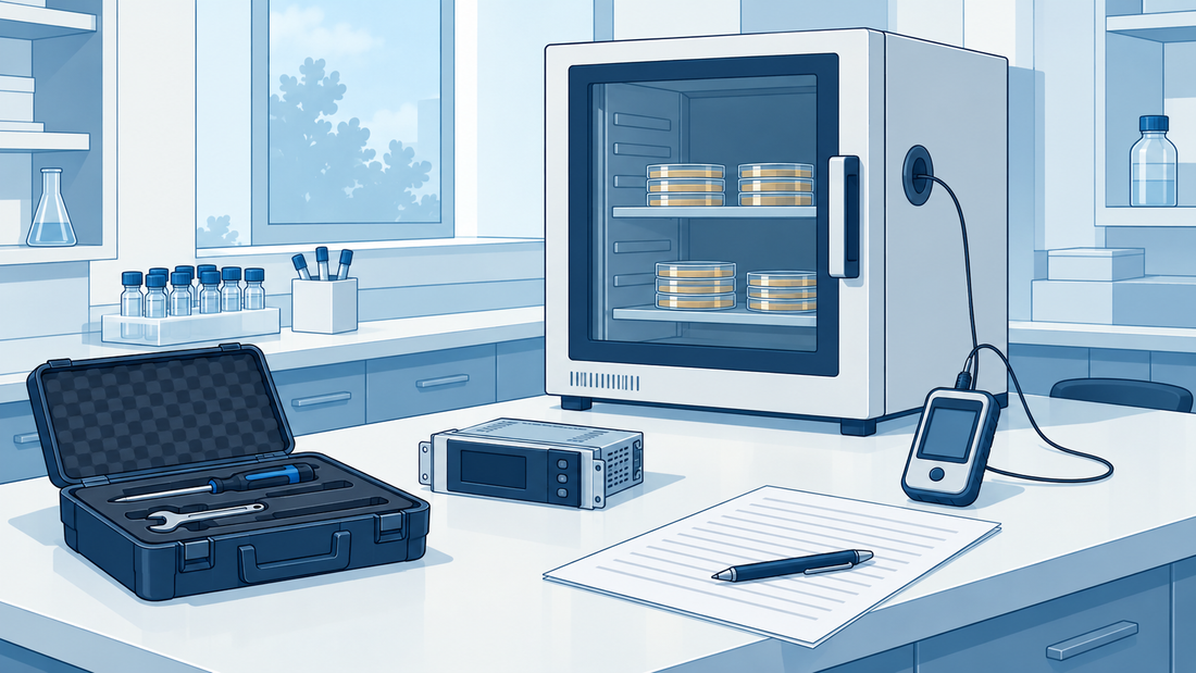Technische Comicillustration eines geschlossenen Inkubators mit unabhängigem Datenlogger, ausgetauschtem Reglermodul und verstauten Werkzeugen.