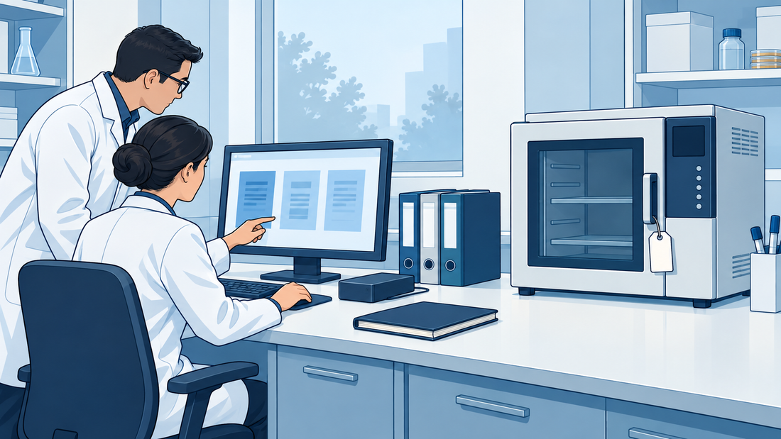 Ilustración técnica de un equipo de laboratorio retirado del servicio y dos especialistas que revisan documentos y datos conservados en otro sistema.