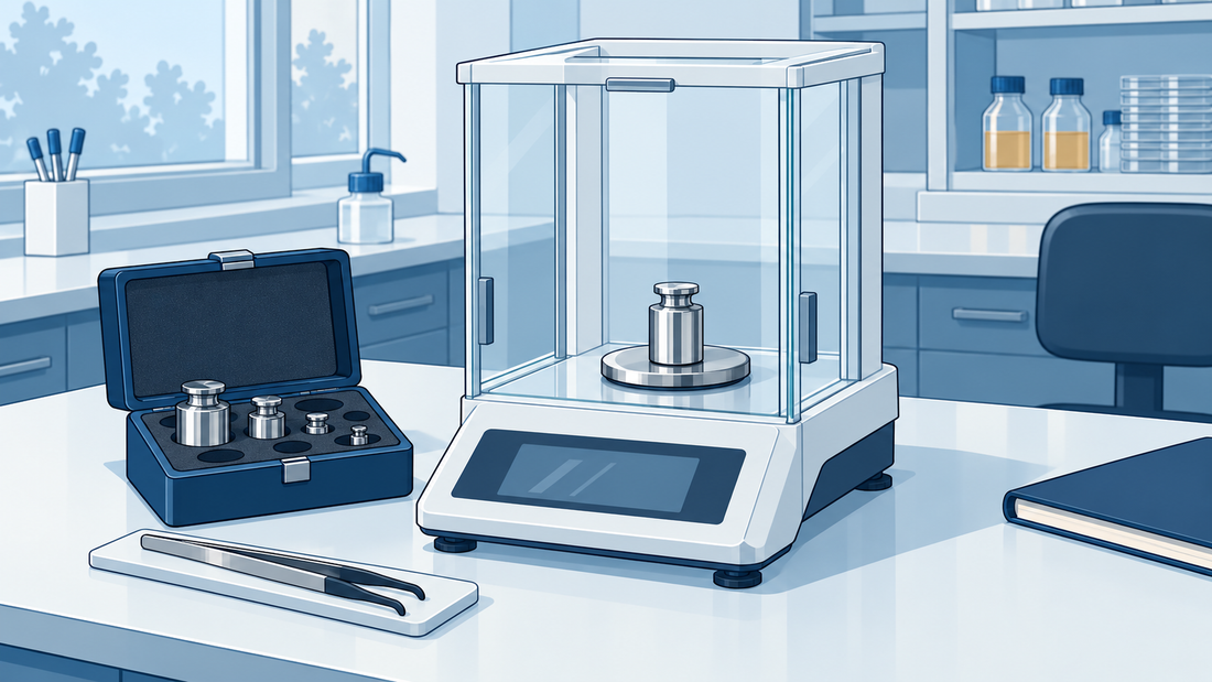 Analysenwaage mit geschlossenem Windschutz und Gewicht auf der Waagschale, daneben ein Etui mit Referenzgewichten und eine Pinzette.
