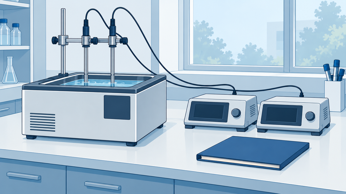 Illustration technique de deux sondes immergées dans un bain thermostaté et reliées à des instruments de lecture sur une paillasse.