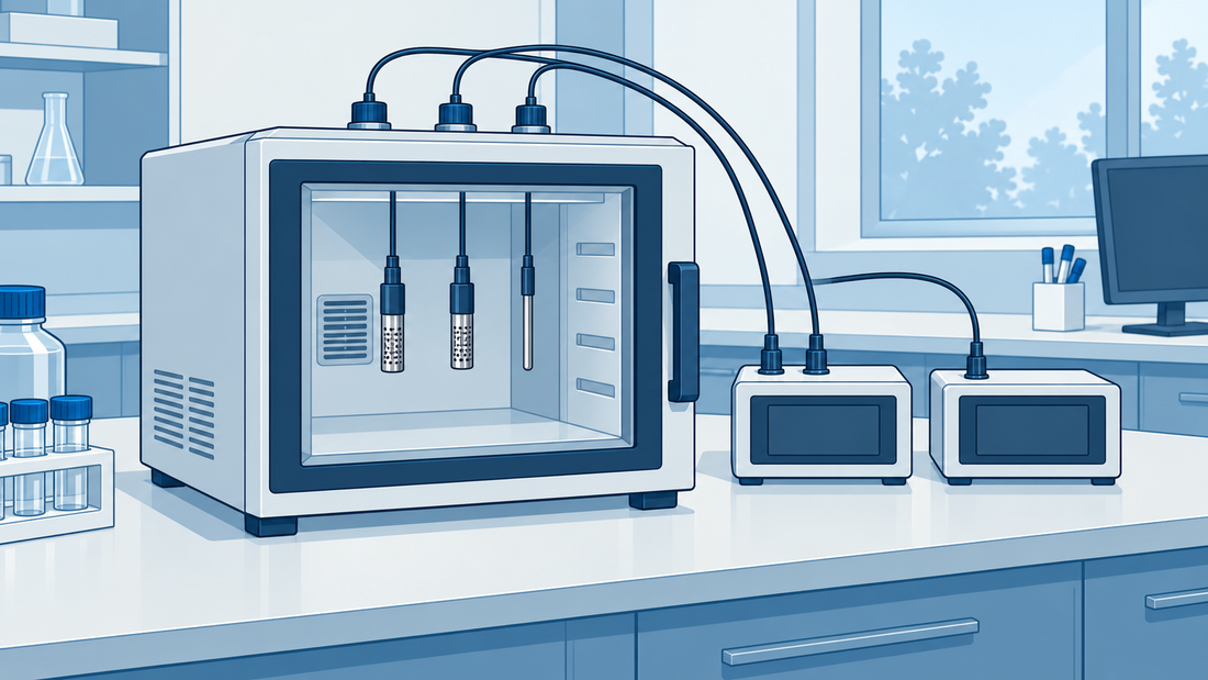 Technische Illustration zweier Feuchtefühler nebeneinander in einer kleinen Vergleichskammer mit externen Anzeigegeräten.