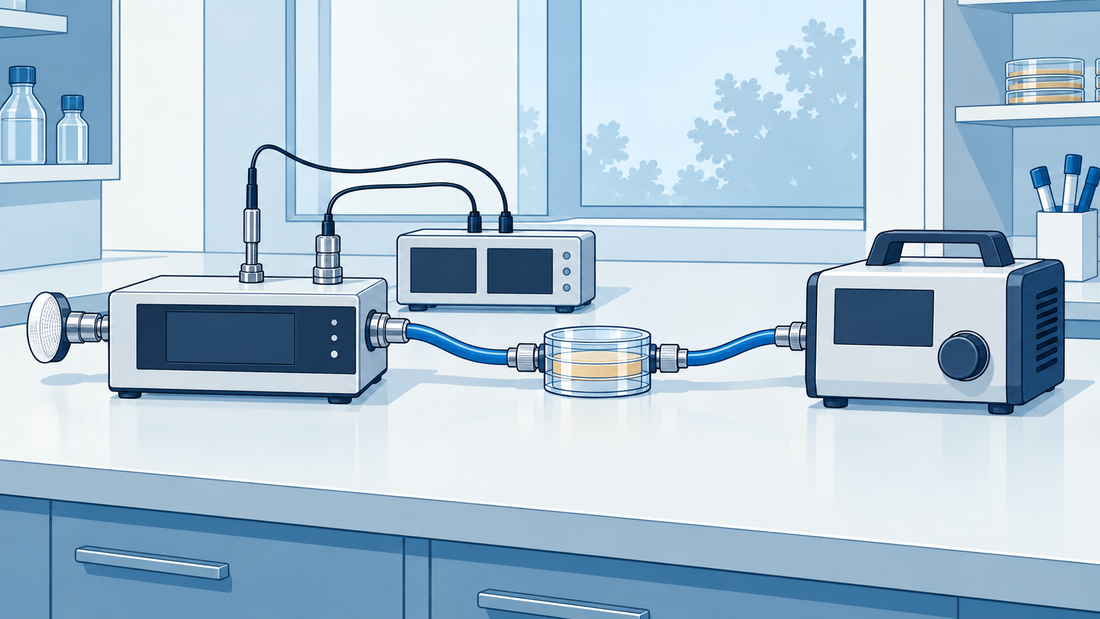 Technische Illustration eines Referenzdurchflussmessers mit angeschlossener Probenahmepumpe sowie Temperatur- und Drucksensoren.