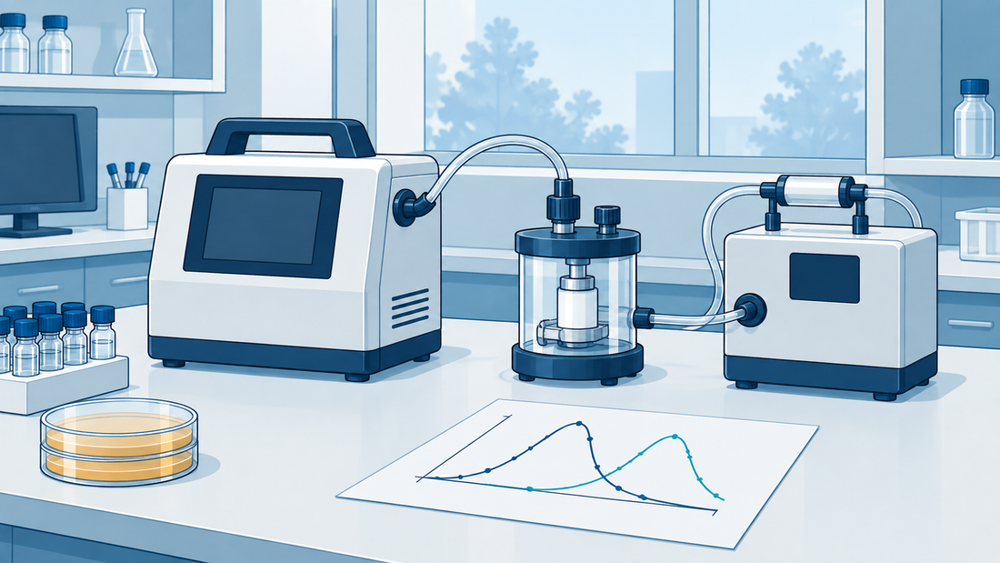 Technische Illustration eines Aerosolphotometers an einer geschlossenen Vergleichskammer mit Referenzgerät und Vergleichsbericht auf dem Labortisch.