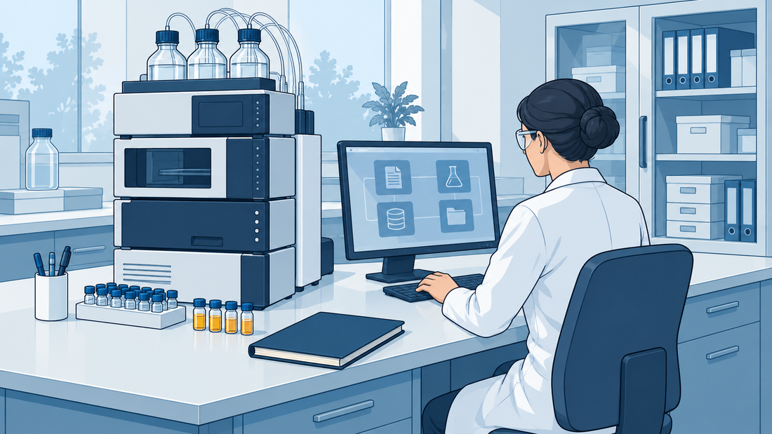 Chromatografiegerät und Proben auf einer Laborbank mit Computerarbeitsplatz, geschlossenem Laborbuch und Schrank für Datenspeichersysteme.