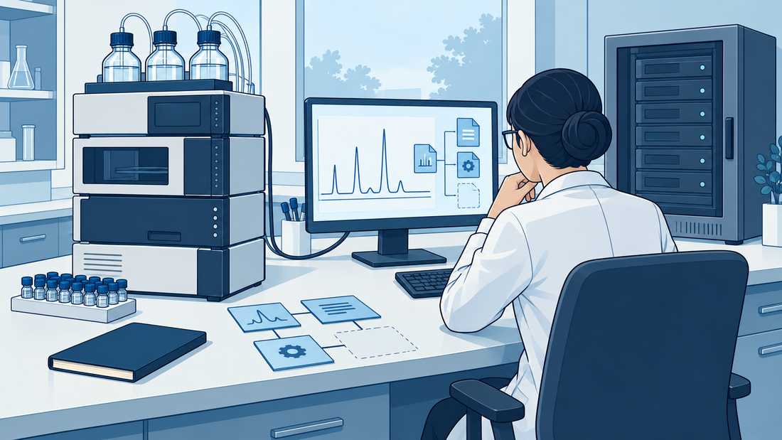 Technische Illustration eines Laborarbeitsplatzes mit digitalem Archiv und miteinander verknüpften Daten- und Metadatenunterlagen.