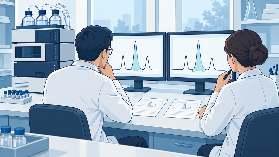 Technische Illustration einer Analystin und eines Reviewers, die zwei Integrationen desselben Chromatogramms neben einem HPLC-Gerät vergleichen.