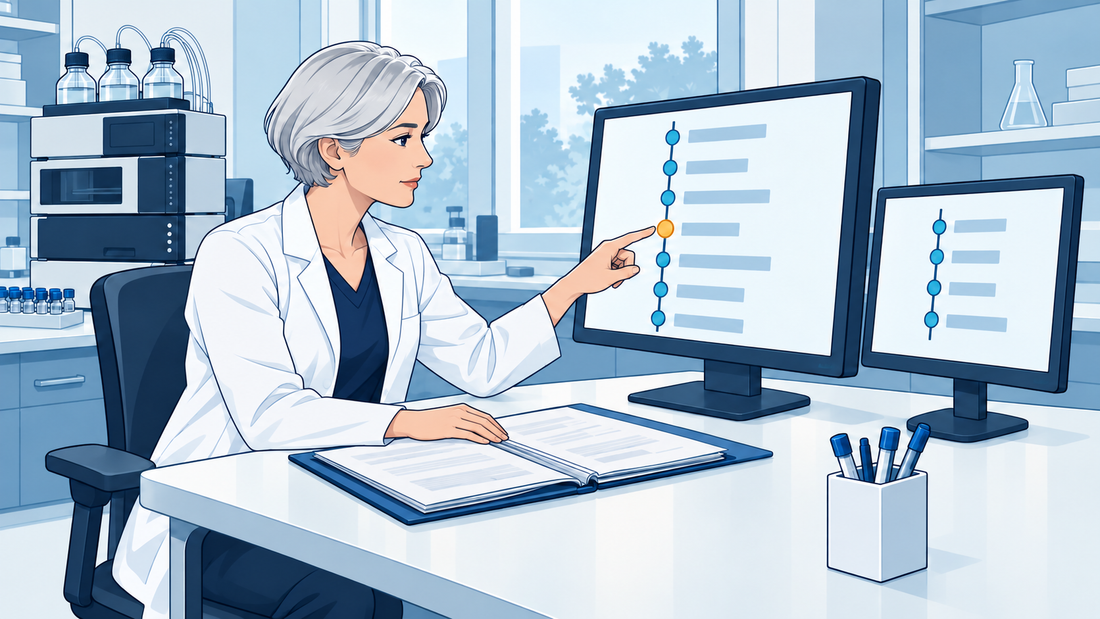 Technische Illustration einer Reviewerin, die eine vollständige Ereigniszeitleiste mit einem Kurzbericht auf zwei Laborbildschirmen vergleicht.