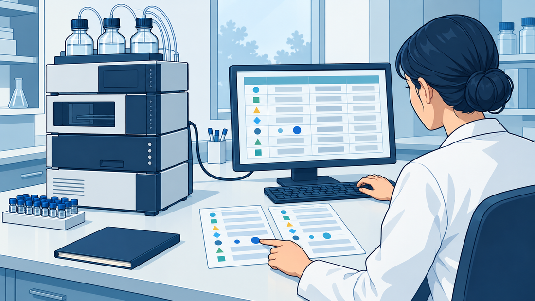 Ilustración técnica de un instrumento analítico conectado a un puesto LIMS, con dos fichas de datos para comprobar la correspondencia entre campos.