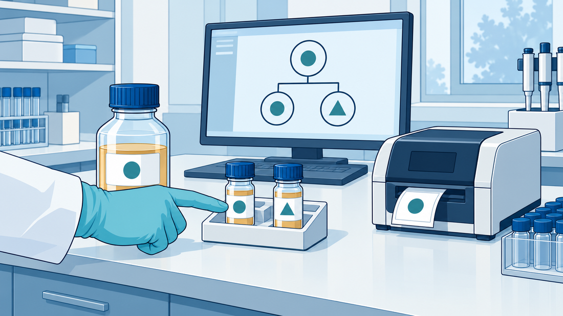 Technische Illustration eines Probeneingangs mit Ursprungsbehälter, zwei Aliquoten, Etikettendrucker und dem zugehörigen Ablauf auf einem LIMS-Monitor.