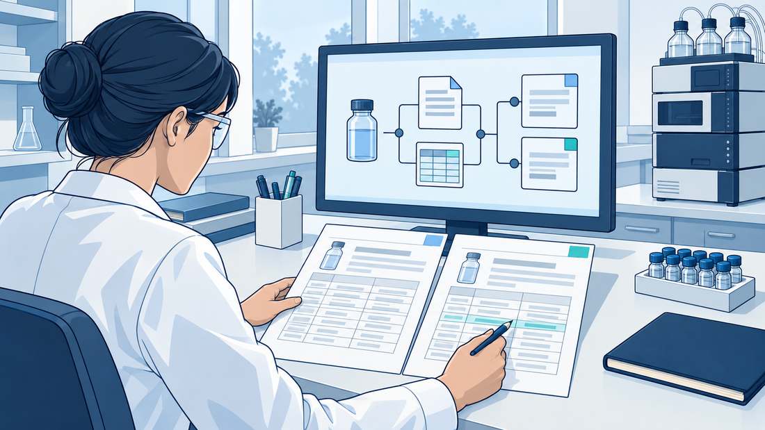 Technische Illustration einer LIMS-Stammdatenprüfung mit zwei Spezifikationsblättern und Verknüpfungen zu Methode, Berechnung und Probe auf einem Monitor.
