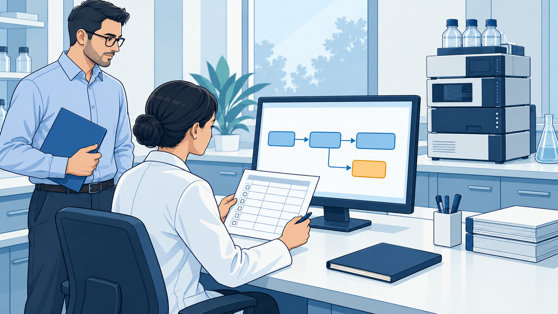 Technische Illustration zweier Fachkräfte, die eine Testmatrix mit einem digitalen Laborablauf am Monitor neben einem Chromatographiesystem vergleichen.