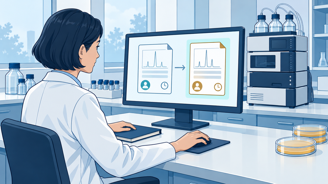 Technical illustration of a reviewer checking two linked versions of a laboratory record on a screen.