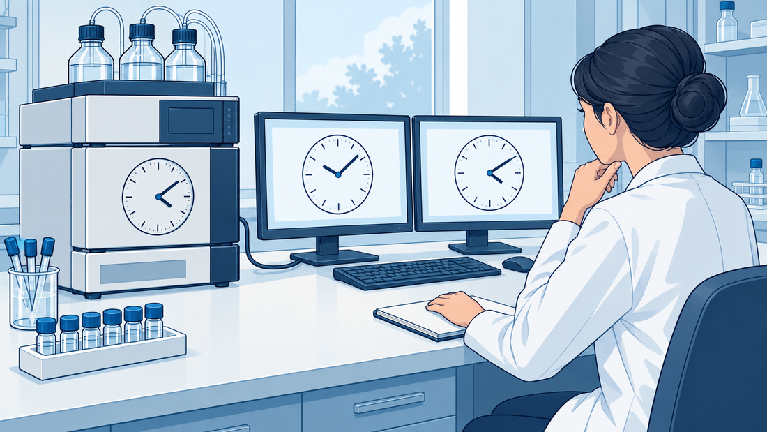 Technische Illustration einer Analytikerin beim Vergleich der Uhren eines Instruments und zweier Laborsysteme.