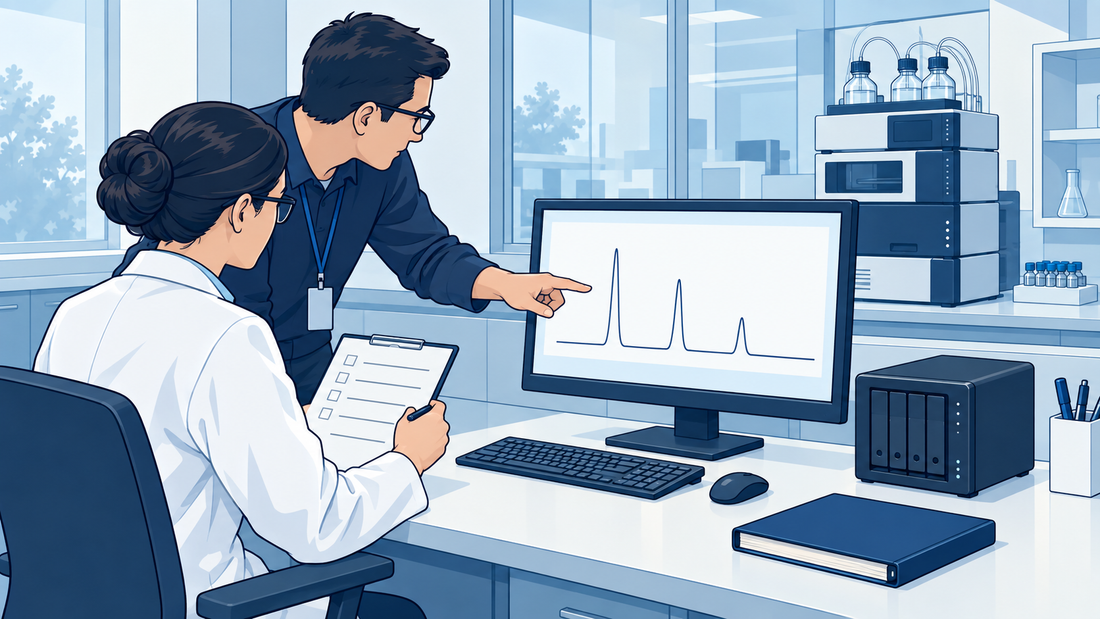 Technische Illustration einer Laborverantwortlichen und eines IT-Spezialisten bei der Prüfung wiederhergestellter Daten an einer getrennten Arbeitsstation.