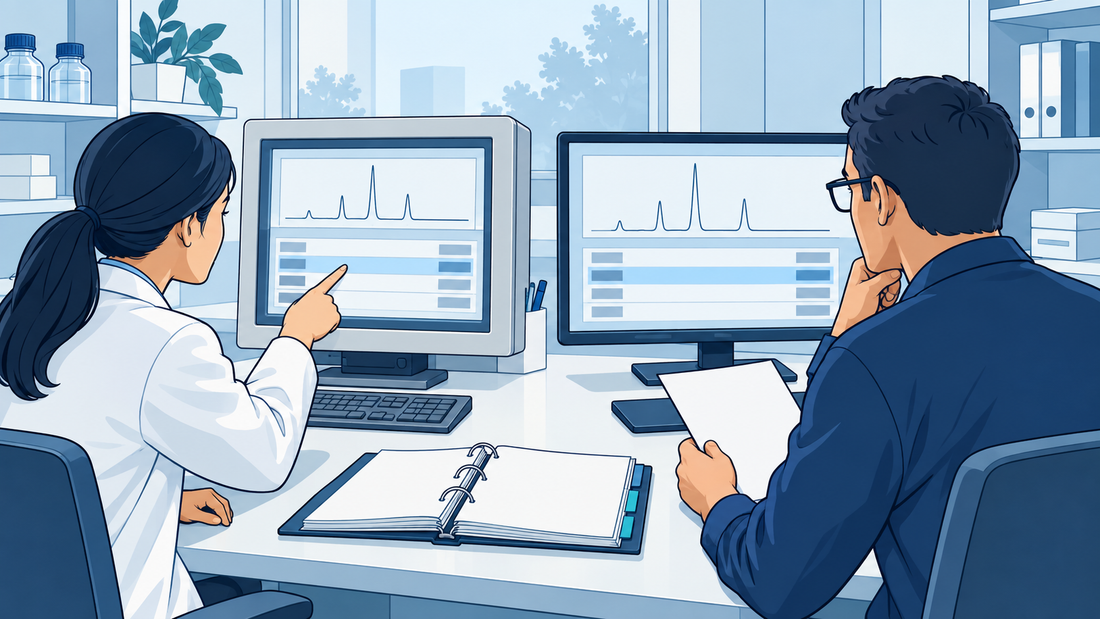 Technische Illustration zweier Fachleute beim Vergleich von Laboraufzeichnungen auf zwei Bildschirmen während einer Migrationsprüfung.