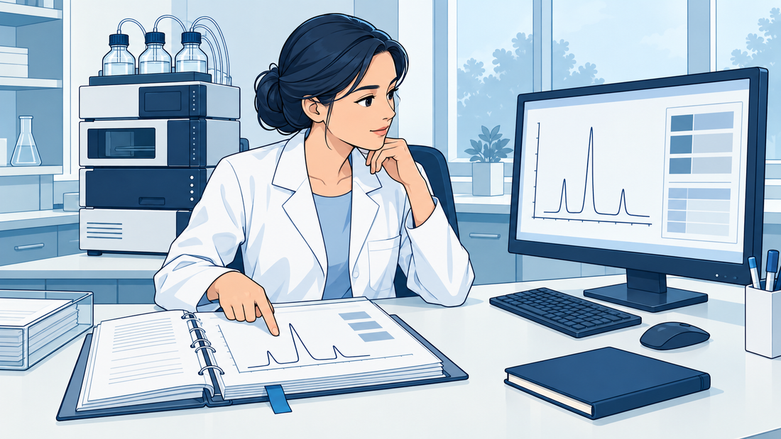 Technische Illustration einer Laborprüferin, die eine Papierakte mit elektronischen Daten auf einem Monitor vergleicht.