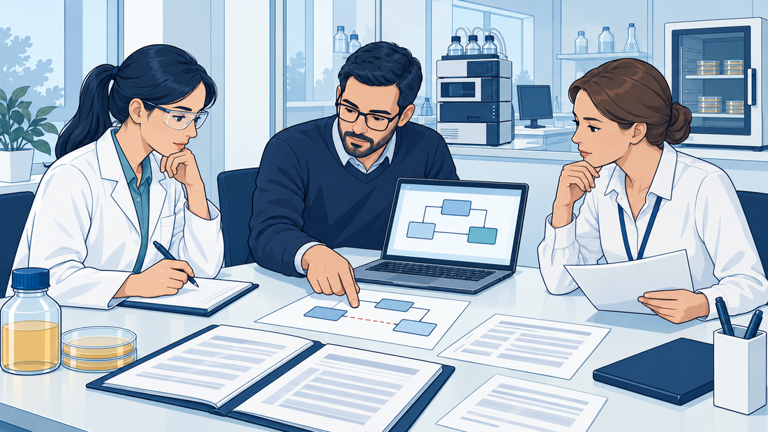 Technische Illustration von Labor- und IT-Spezialisten, die einen digitalen Dienst und Nachweise zu aufzubewahrenden Daten prüfen.