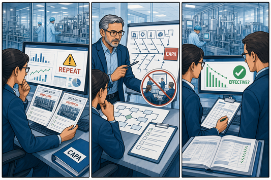 Ilustración GuideGxP: una desviación recurrente lleva al equipo de QA a reevaluar la causa raíz y verificar la eficacia de la CAPA mediante tendencias.