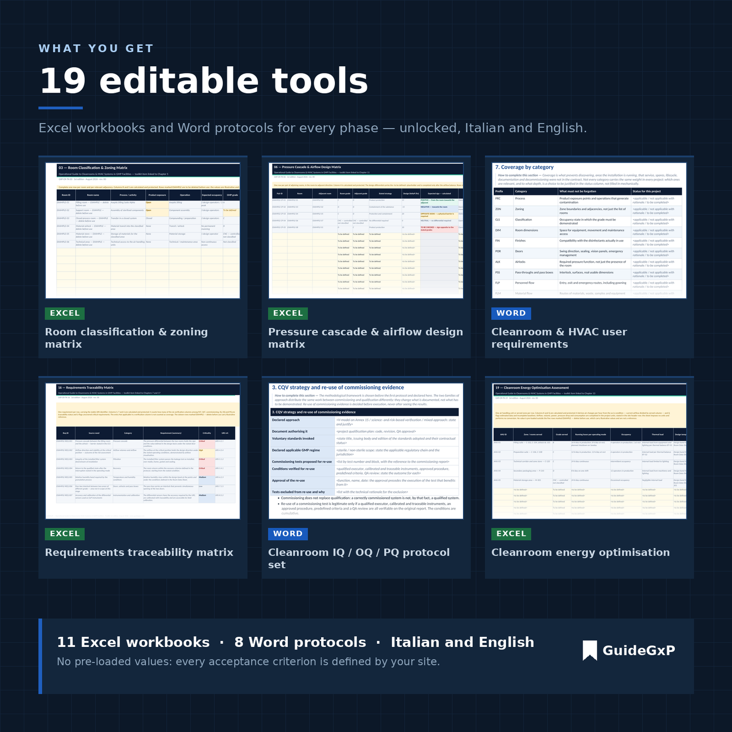 Captures des 19 outils éditables du toolkit salles propres et HVAC : 11 fichiers Excel et 8 fichiers Word