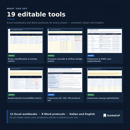 Captures des 19 outils éditables du toolkit salles propres et HVAC : 11 fichiers Excel et 8 fichiers Word