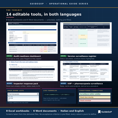 Toolkit screenshots: audit-readiness dashboard, surveillance register with live formulas, Word SOPs and protocols