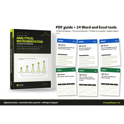 Paquete digital: guía PDF y 24 herramientas Word y Excel para el laboratorio de CC GMP, descarga tras compra