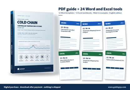 What you get: the Cold Chain guide in PDF plus the toolkit of 12 Word and 12 Excel editable tools