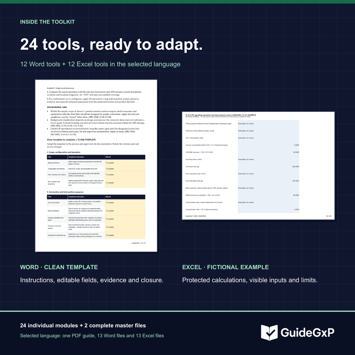 24 editable tools: 12 Word and 12 Excel templates, with completed examples