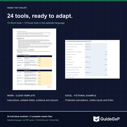24 editable tools: 12 Word and 12 Excel templates, with completed examples