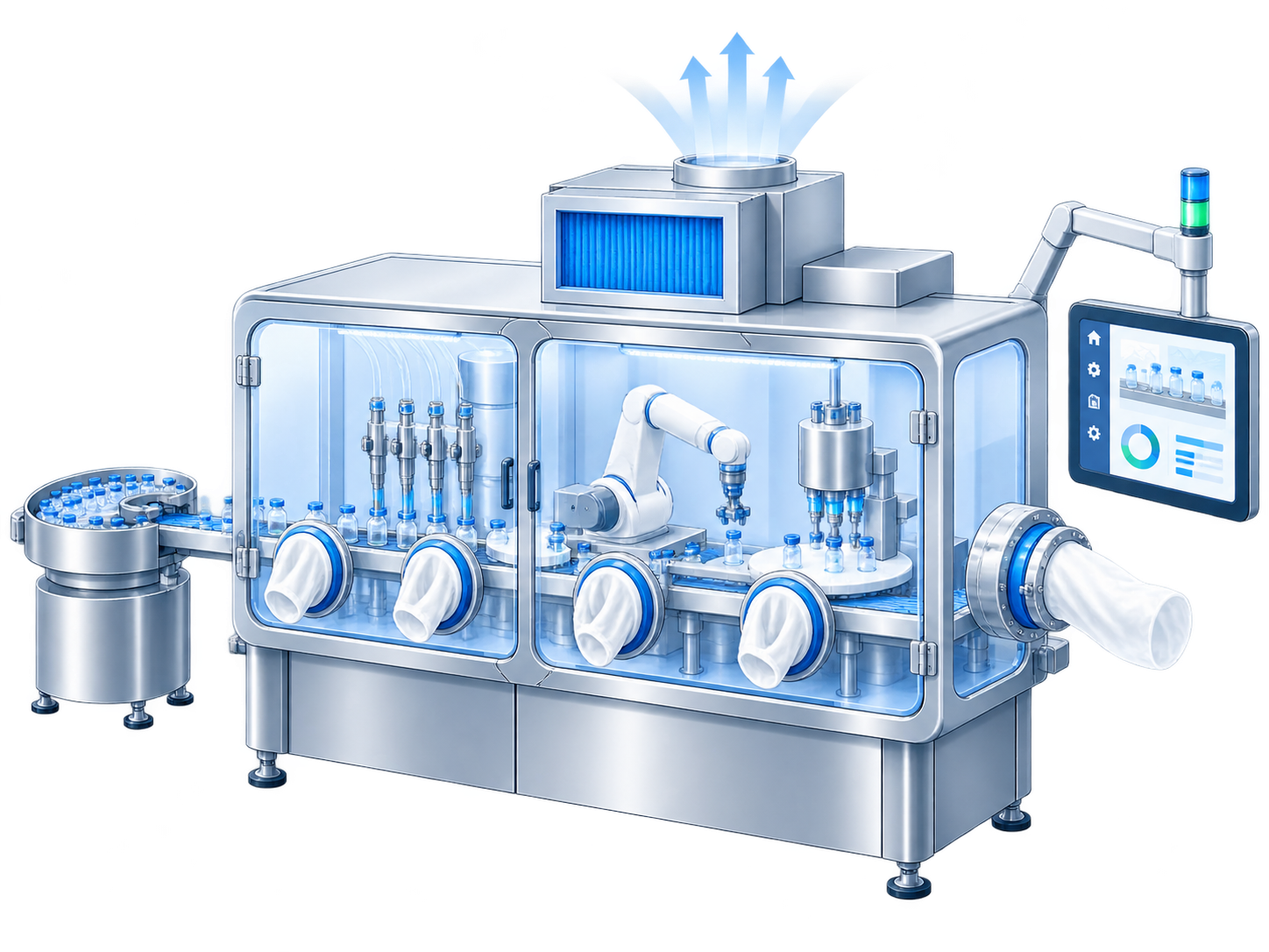 Technische Darstellung einer aseptischen Fill-Finish-Linie mit Isolator, Vials, Robotik und Barrier System.