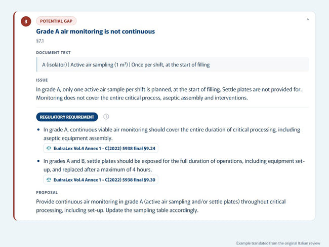 ChatGxP preview: a document observation with a regulatory source and proposed change.
