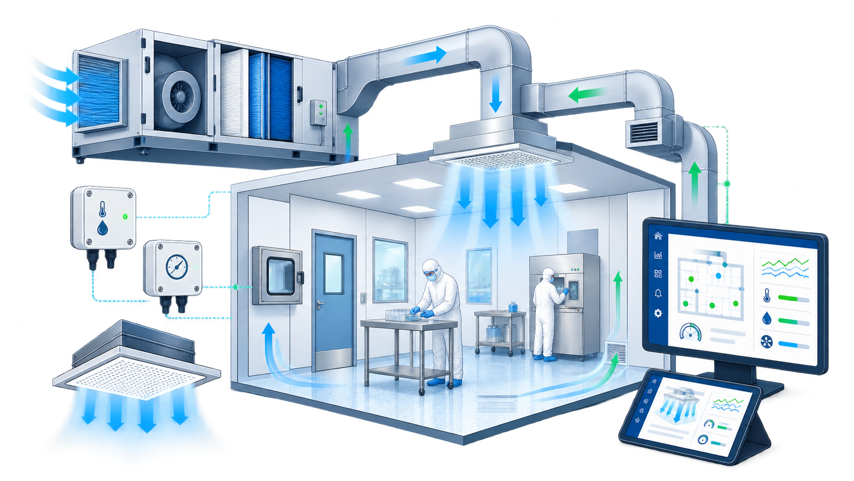 Technical illustration of a pharmaceutical cleanroom with HVAC system, AHU, HEPA terminal filters, airflow, sensors and BMS.