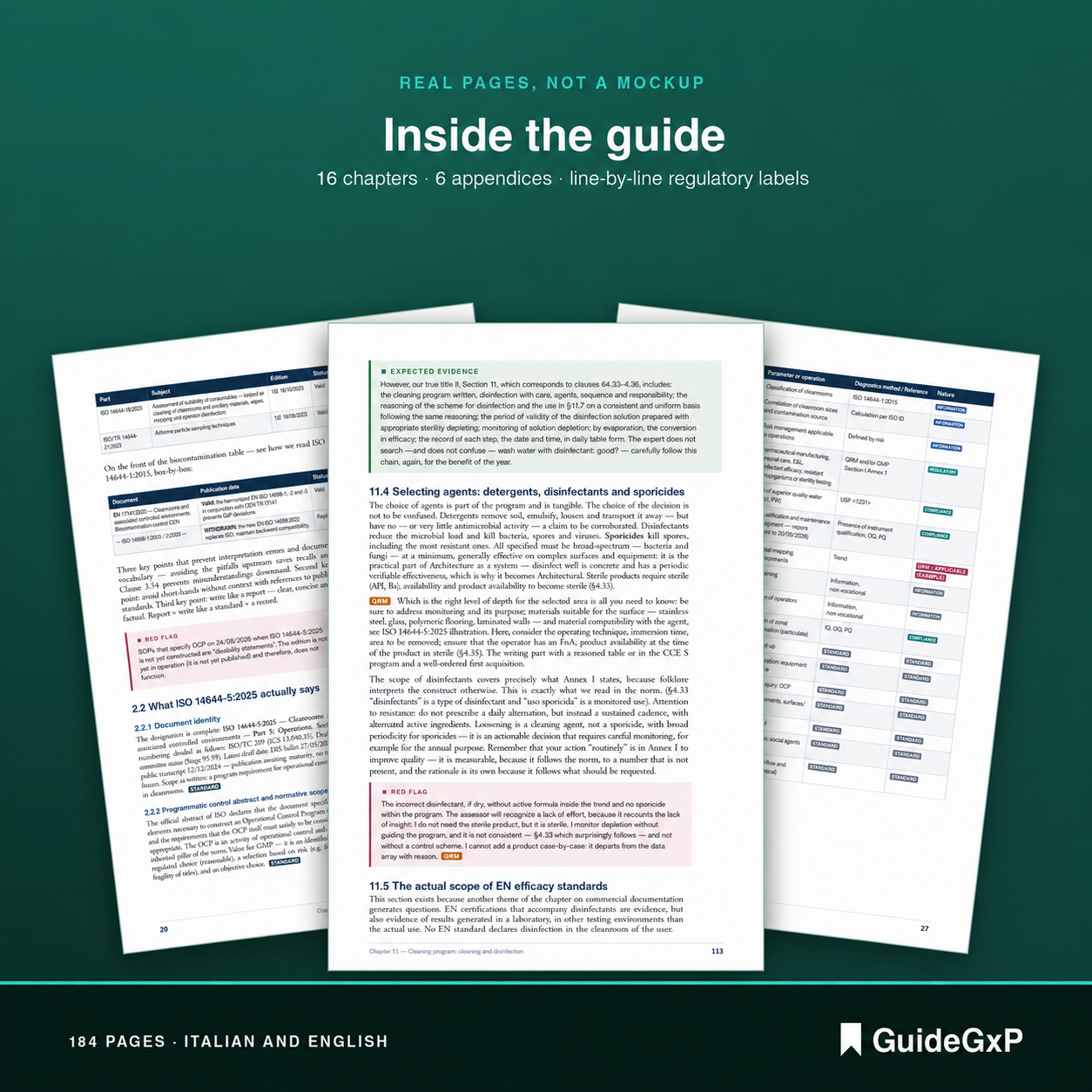 Páginas interiores de la guía: etiquetas regulatorias línea a línea, tablas operativas y decision tree