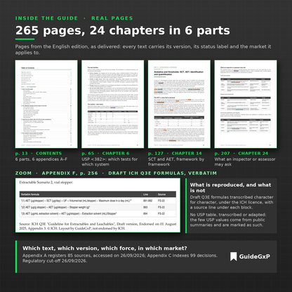 Inside the E&L and USP 382 guide: 265 pages, 24 chapters in 6 parts, sample pages and the draft ICH Q3E AET formulas quoted verbatim in Appendix F