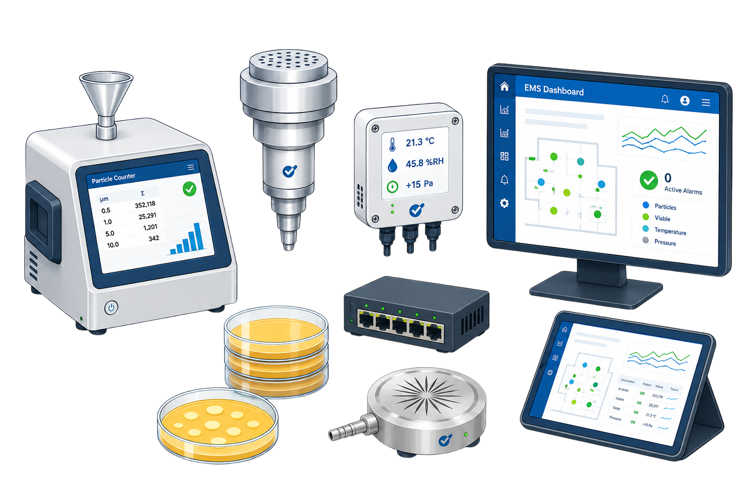 Integrated pharmaceutical Environmental Monitoring System with particle counter, microbiological monitoring, environmental sensors and EMS software