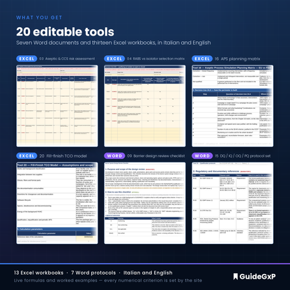 Le toolkit : 20 outils modifiables, 7 modèles Word et 13 fichiers Excel, en italien et en anglais