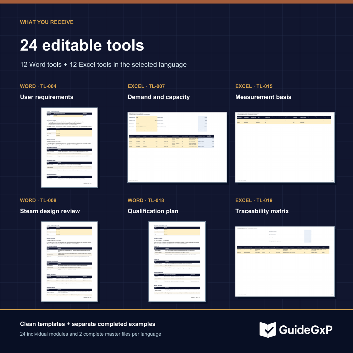 24 strumenti modificabili per lingua: 12 Word e 12 Excel, con modelli ed esempi compilati