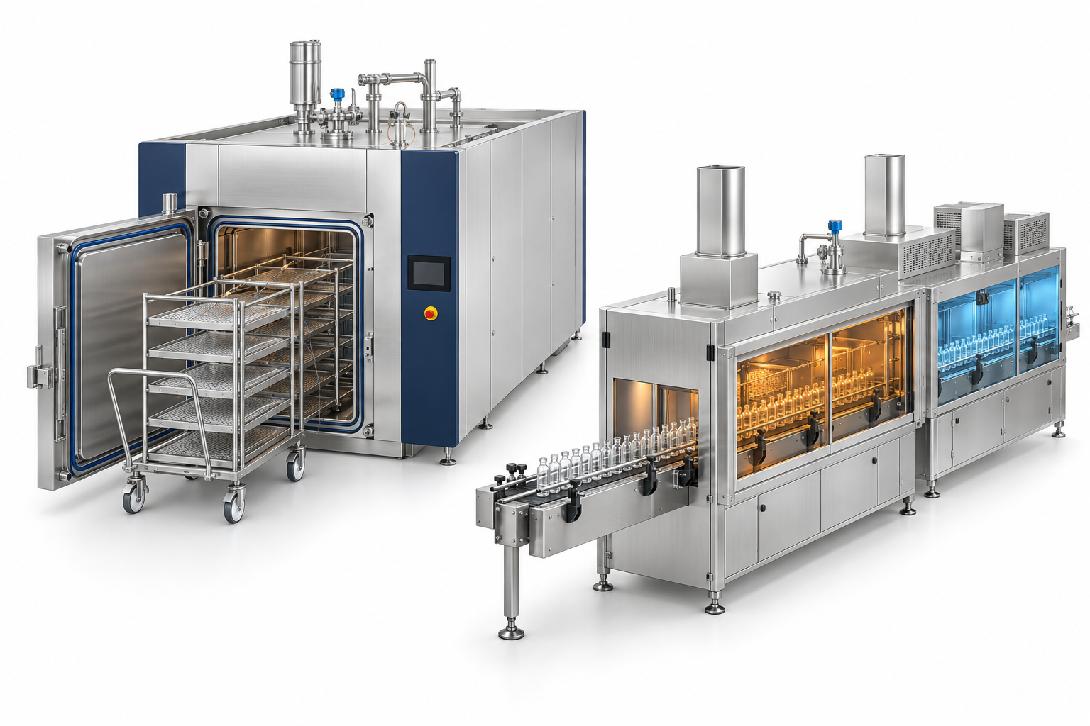 Stainless pharmaceutical steam sterilizer and depyrogenation tunnel with loading cart and vial conveyor