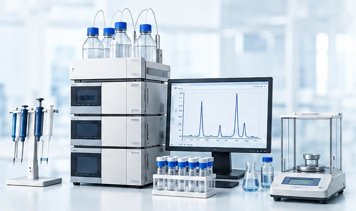 Pharmaceutical laboratory with analytical instruments, pipettes and samples.