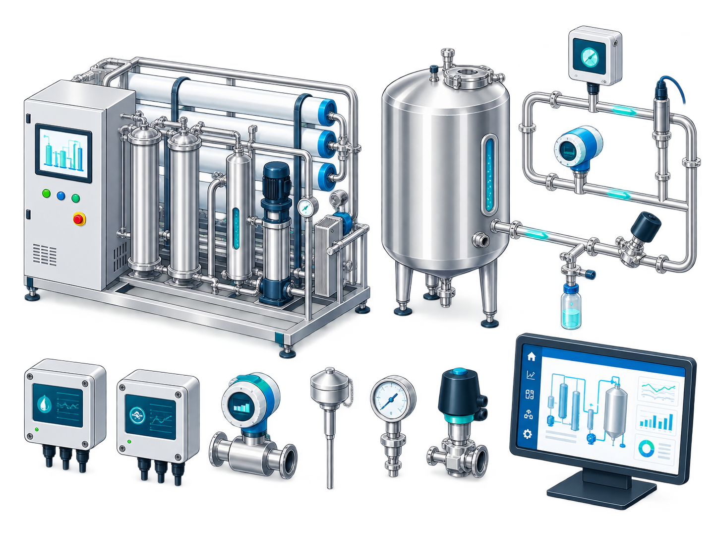 Technical illustration of a Pharmaceutical Water and WFI system with generation skid, storage tank, distribution loop, instrumentation and monitoring.